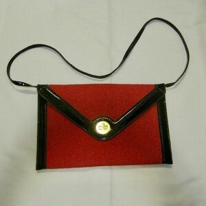 Red Raffia & Black Patente, Envelope Clutch Bag with Shoulder Stripe.